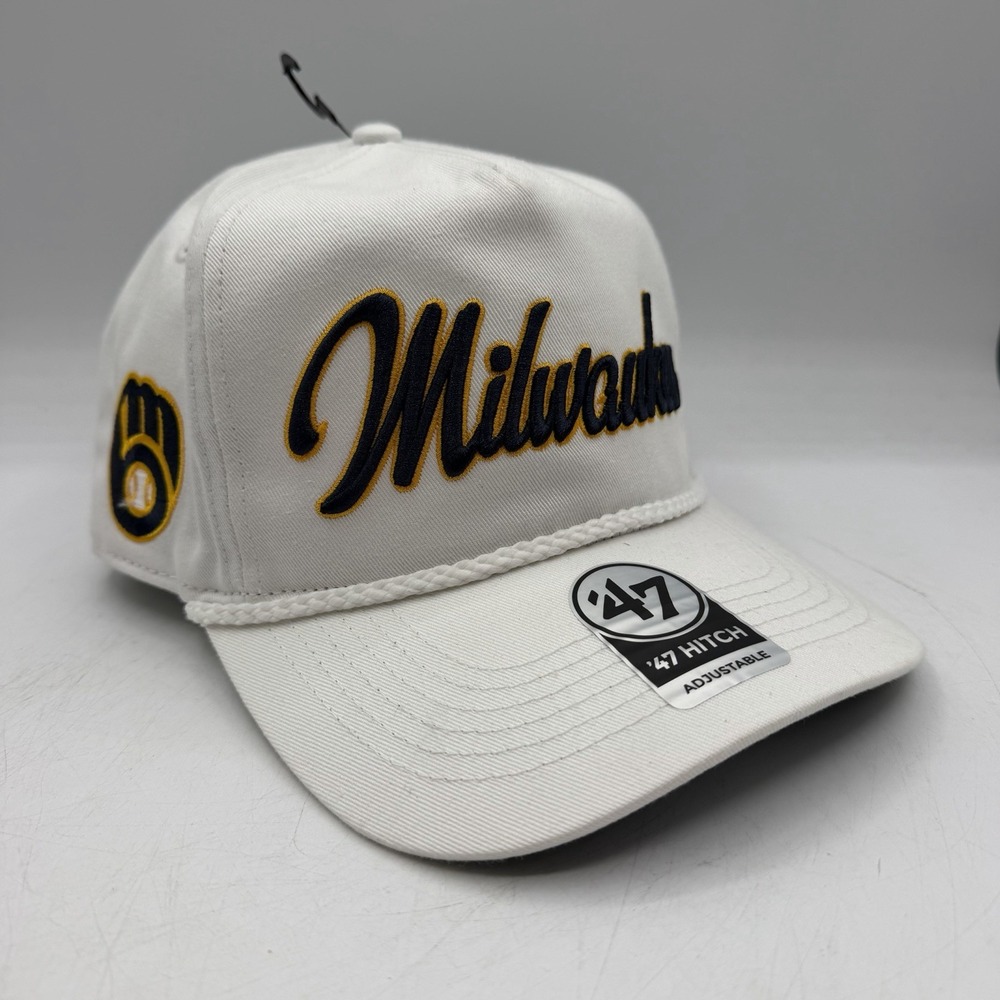 '47 Brand Hitch Milwaukee Brewers Overhand Script Hat Cap White Snapback 2025